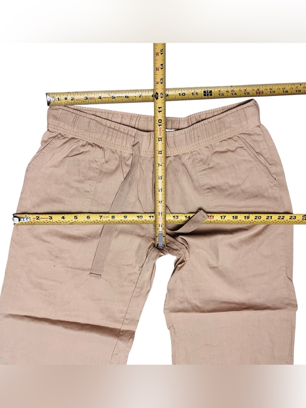 Lagaci  Crop Pants Linen Blend Tan Beach Drawstring Elastic Pull On Pockets Sz L - Picture 7 of 12